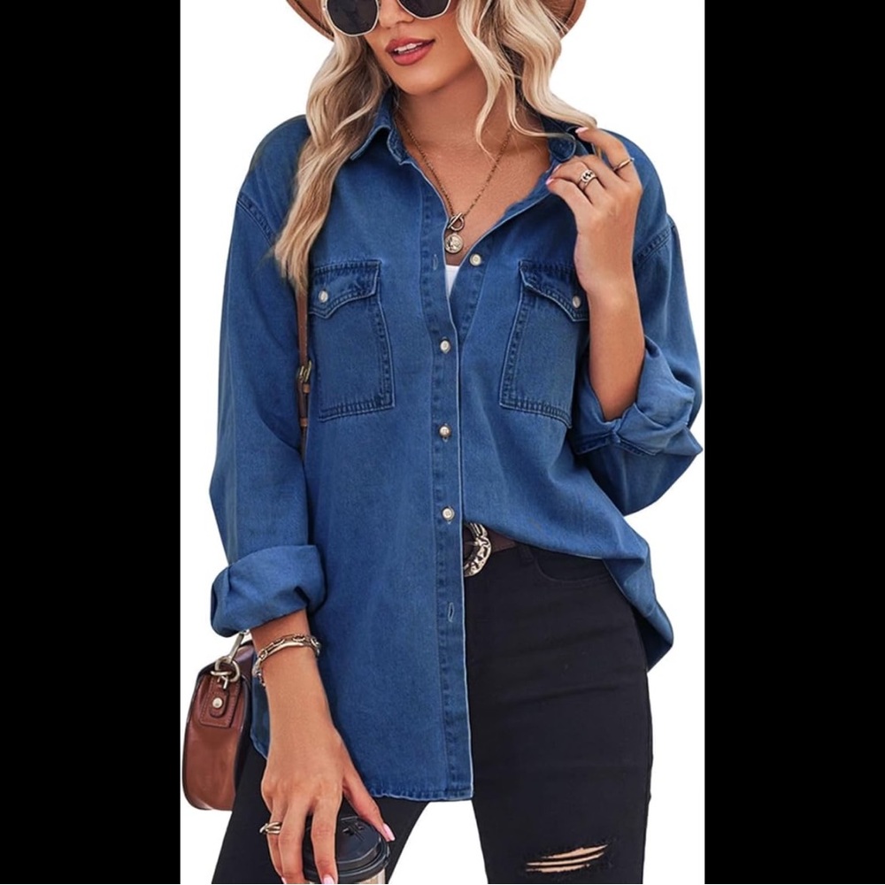 Chouyatou Button Down Denim Shirt Shirt Top Shacket XL Womens Blue Fall NWT - Picture 3 of 8